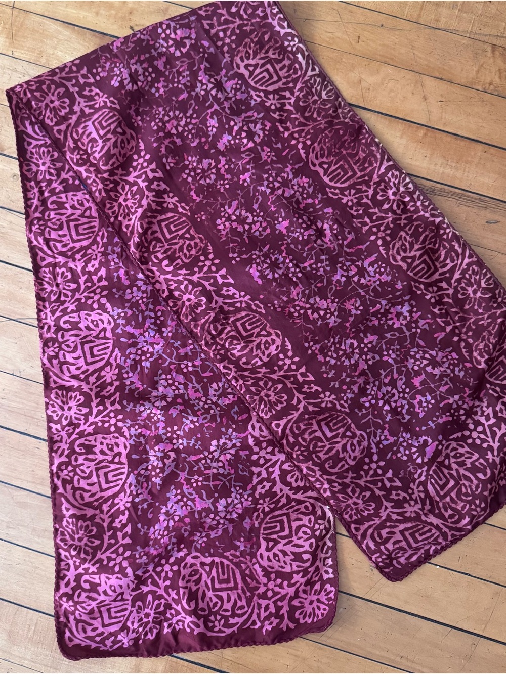 Vintage red pink made in India boho silk rectangle scarf batik style floral art